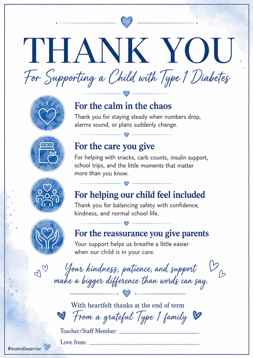 Thank You Certificate for Supporting a Child with Type 1 Diabetes